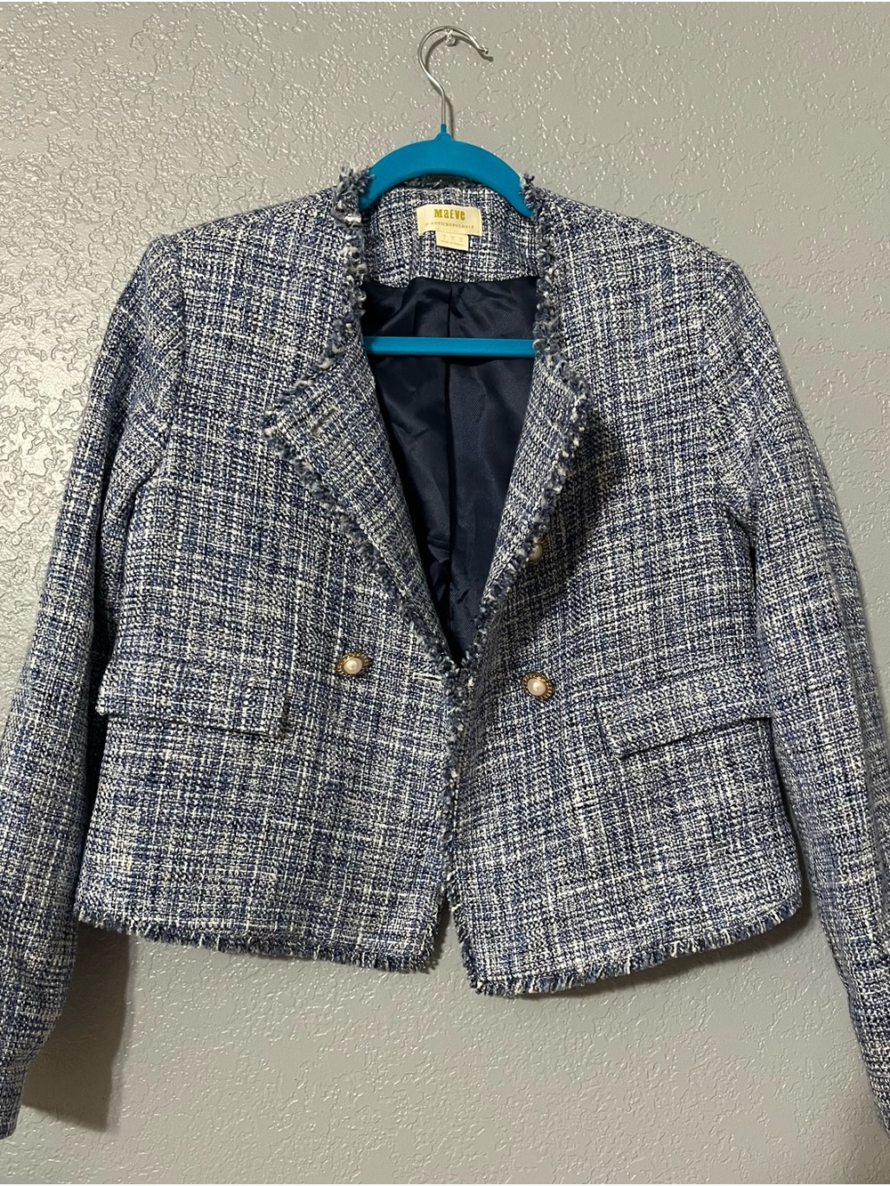 Anthropologie Navy & White Tweed Fringe Jacket with Gold Buttons